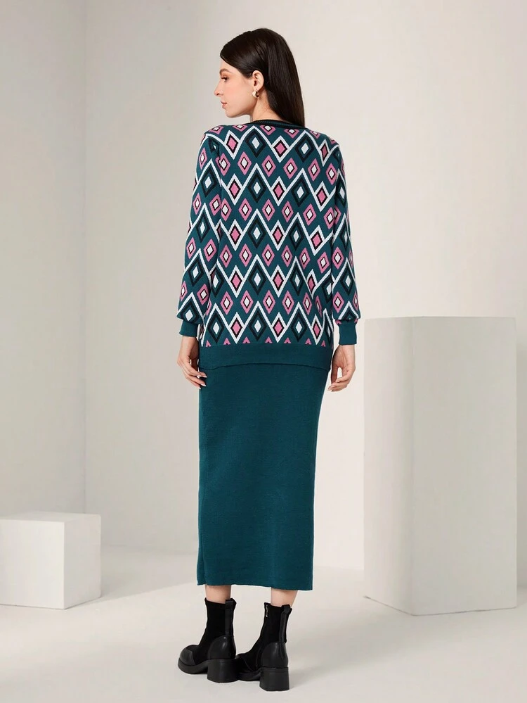 Geometric Pattern Long Sleeve Cardigan And Tank Sweater Dress Set 2 Piece Set