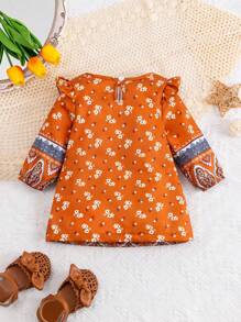 Baby Girl Vintage Brown Patterned Dress - Brown - View 2