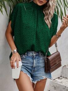 EMERY ROSE Full Print Batwing Sleeve Back Strappy Shirt - Dark Green - View 4