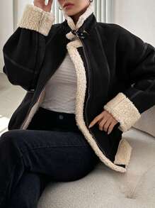 DAZY Sherpa 拼接立領麂皮夾克 - 黑色 - 查看 4