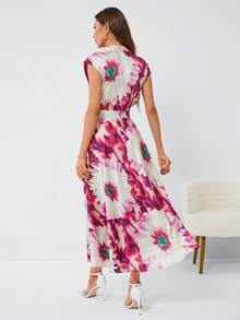 GENKIRA 女式大花紋印花洋裝,荷葉袖設計 - 玫紅色 - 查看 2