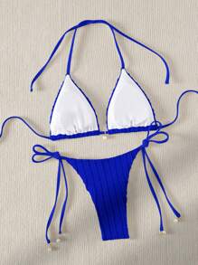 SHEIN Swim Conjunto De Bikini Con Copa Triangular Texturizada Con Detalle De Nudo Y Acentos Recortados