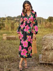 GENKIRA Floral Print Lantern Sleeve Hollow Out Waist Dress Fall Cloth For Women - Multicolor - View 5