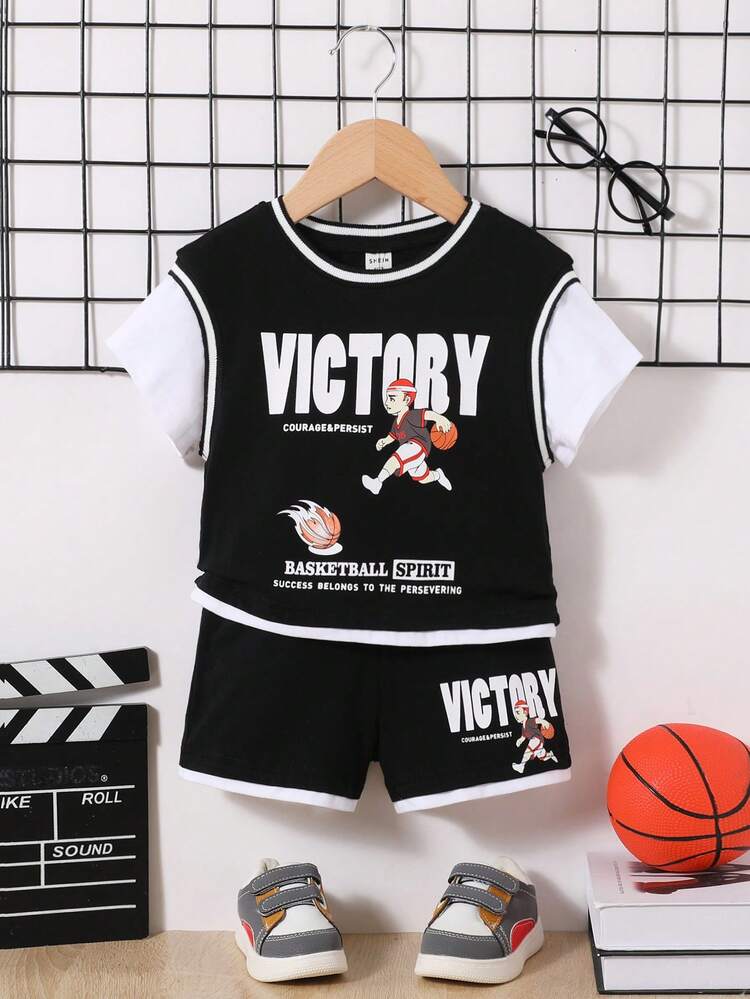 Baby Boys' Casual Sports Style 2 In 1 With Short-Sleeve T-Shirt And Shorts