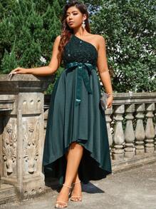 SHEIN Belle 大尺碼女士一字肩拼接亮片腰帶連衣裙 - 墨綠色 - 查看 3