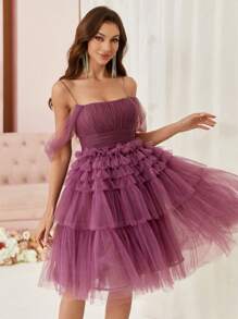SHEIN Belle Women's Open Shoulder Layered Mesh Tulle Dress For Cocktail Party - Purple - View 6