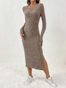 SHEIN Frenchy Của phụ nữ Đồ đan Ribbed Bên Khe Đầm - màu nâu - Xem 3