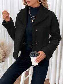 SHEIN Frenchy 女式單排扣毛絨外套 - 黑色 - 查看 5