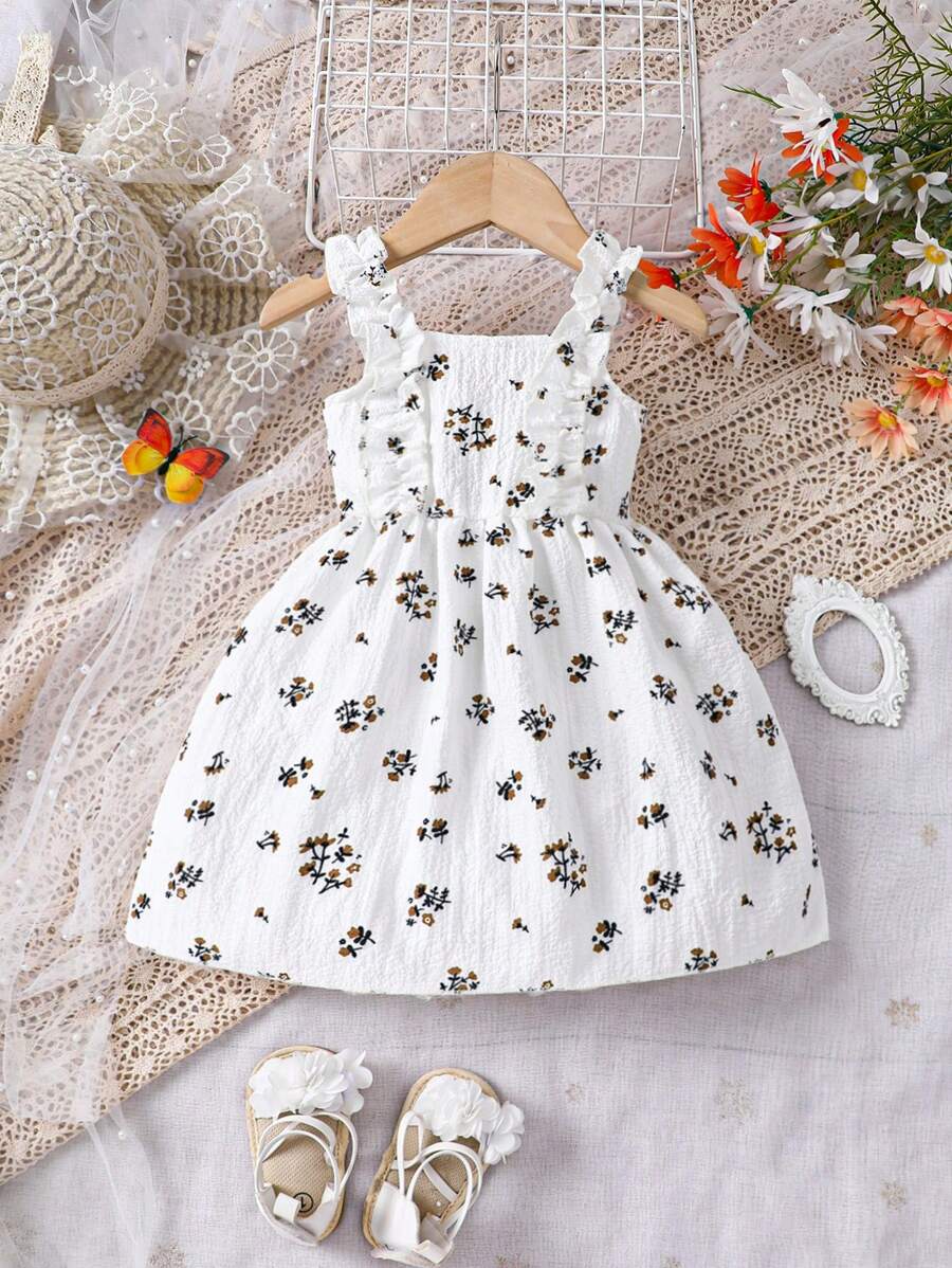 Baby Girl Ditsy Floral Print Ruffle Trim Dress - Beige - View 1