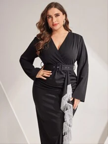 Modelyn Plus Size Women'S Wrap Fringe Trim Dress - Black - View 5