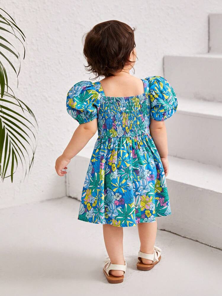Baby Girls' Casual Square Neck Bubble Short Sleeve Dress With Floral Pattern