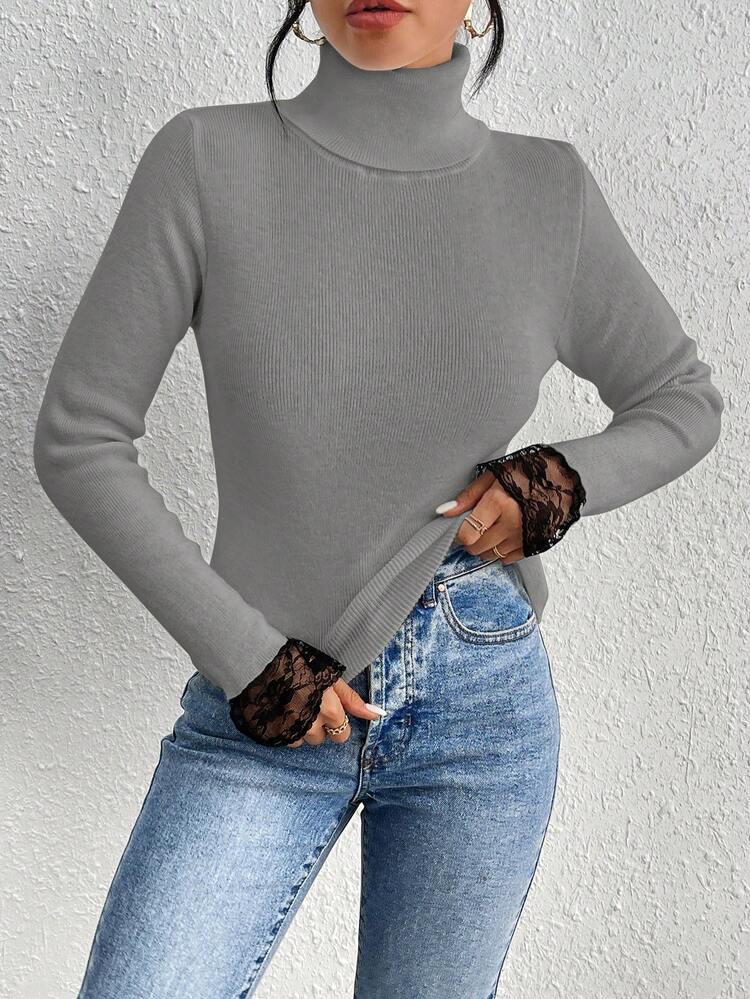 Women's Slim Fit Turtleneck Sweater With Lace Spliced Sleeves Knit Pullover Fall Winter Sweater