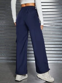 SHEIN PETITE Striped Side Design Cargo Pants - Navy Blue - View 2