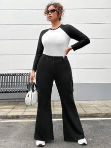 SHEIN EZwear Plus Size Flap Pocket Flare Pants With Side Stripes - Black - View 5