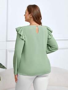SHEIN Clasi Kích thước lớn Của phụ nữ Viền Ruffle Trang trí Nơ Màu xanh lá Áo sơ mi - màu xanh lá - Xem 3