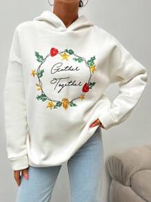 RueChic Women's Printed White Hooded Sweatshirt