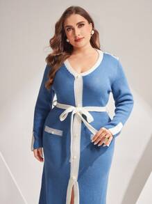 Mulvari Vestido De Suéter De Talla Grande Con Cinturón De Cintura Para Mujeres - Blanco y Negro - Ver 6