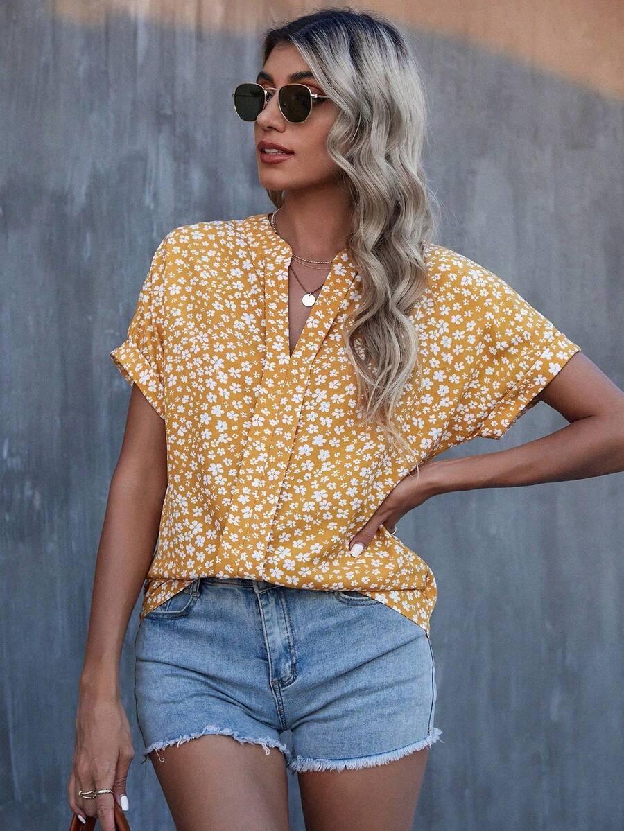 Blusa De Cuello Con Muescas Y Estampado Floral Para Mujeres - Amarillo - Ver 1