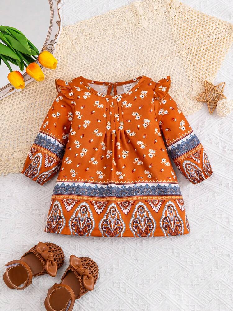 Baby Girl Vintage Brown Patterned Dress