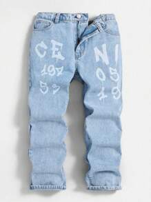 SHEIN Vaqueros De Pierna Recta De Mezclilla Con Estampado Digital De Estilo Casual Para Niño