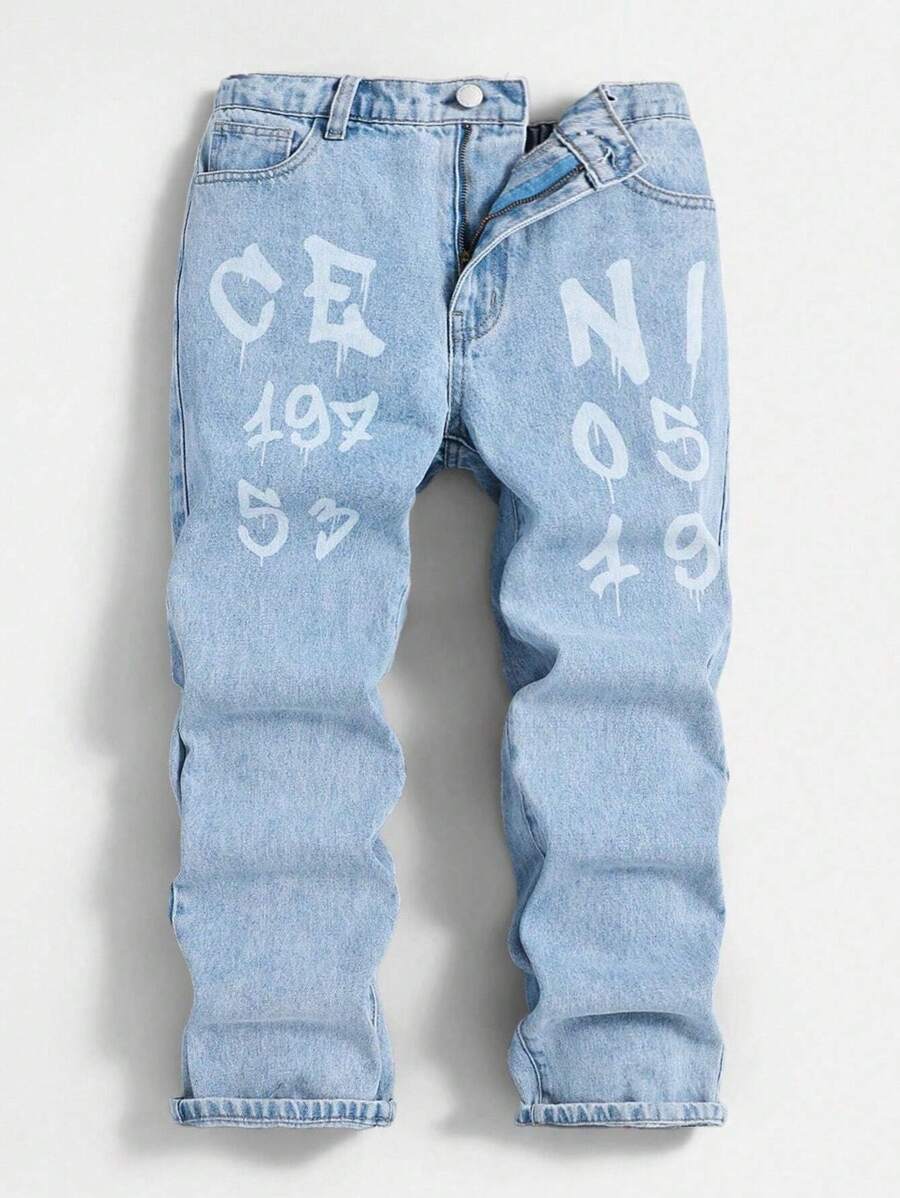 SHEIN Vaqueros De Pierna Recta De Mezclilla Con Estampado Digital De Estilo Casual Para Niño