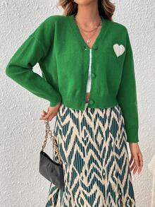 SHEIN Frenchy Giáng sinh Hình trái tim Thả vai Nút phía trước Áo len Mở - màu xanh lá - Xem 6
