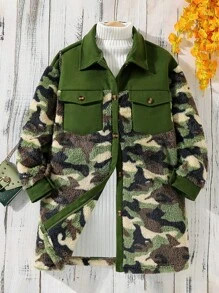 Teens Girls' Camouflage Drop Shoulder Jacket - Army Green - View 1