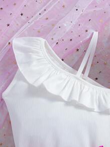 SHEIN Young Girl Ruffle Asymmetrical Shoulder Sleeveless Top And Asymmetrical Mesh Skirt Two Piece Set - Multicolor - View 3