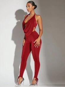 SHEIN BAE 女用圍脖肩帶背心和緊身褲套裝 - 紅色 - 查看 3