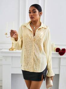 GENKIRA Women'S Long Sleeve Sequined Patchwork Shirt Fall Cloth For Women - Beige - View 6