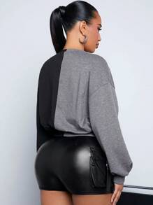 SHEIN SXY 女性鬆身彩塊黑灰色街頭風格的連帽衫,帶纏繞式綁帶 - 彩色 - 查看 2