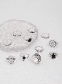 ROMWE Goth 11pcs/Set Fashionable Personalized With Zinc Alloy Hollow Crown Sun Geometric Circle Pattern Diamond-Shape Vintage Base Ring Set For Women, Party Gift - Antique Silver - View 4