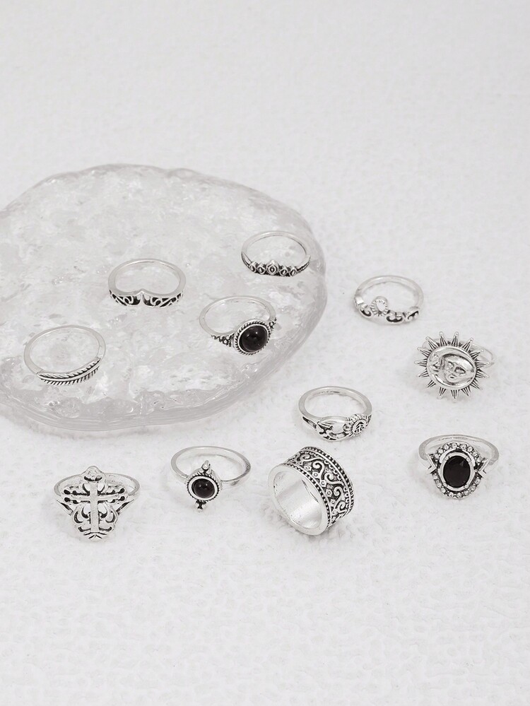 ROMWE Goth 11pcs/Set Fashionable Personalized With Zinc Alloy Hollow Crown Sun Geometric Circle Pattern Diamond-Shape Vintage Base Ring Set For Women, Party Gift - Antique Silver - View 4