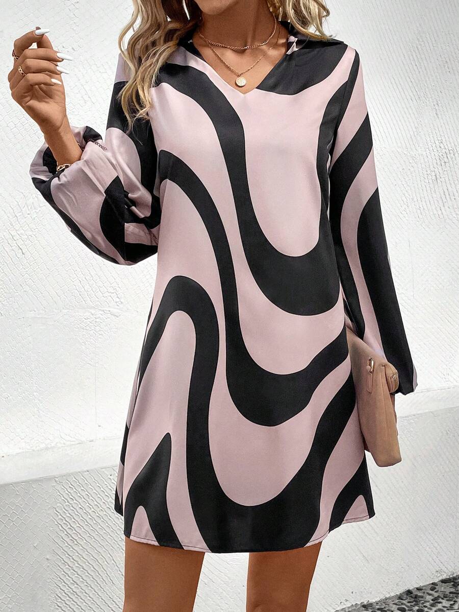 SHEIN LUNE Women'S Color Block Lantern Sleeve Dress - Multicolor - View 1