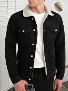 RueChic 男士羊絨領口抓絨內襯牛仔夾克 - 黑色 - 查看 1