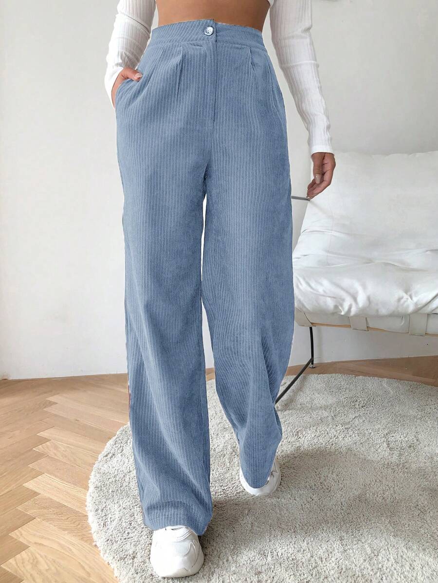 EURMUSE Solid Color Corduroy Trousers - Blue - View 1