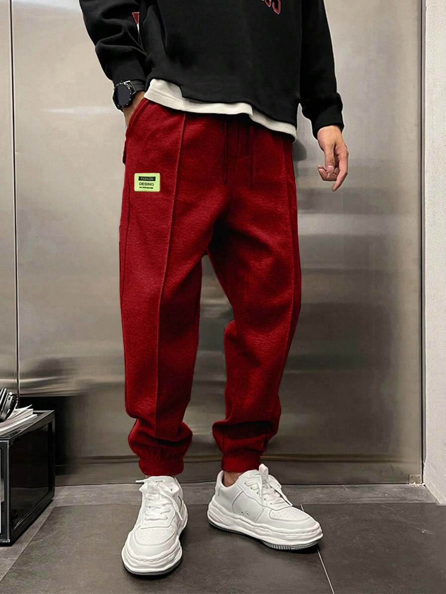 RueChic Men's Patch Detail Drawstring Waist Sweatpants - Red - View 1