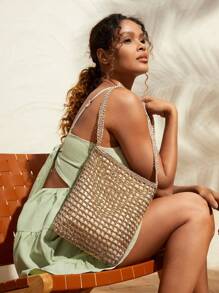 SHEIN VCAY Bolsa De Praia De Verão Trançada E Vazada, Bolsa De Palha Trançada, Bolsa De Tecido Trançado, Perfeita Para Viagem De Verão, Ao Ar Livre E Férias