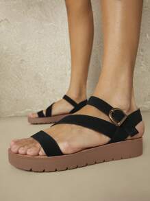 SHUZIA 女士簡約純色楔型厚底涼鞋 - 黑色 - 查看 3