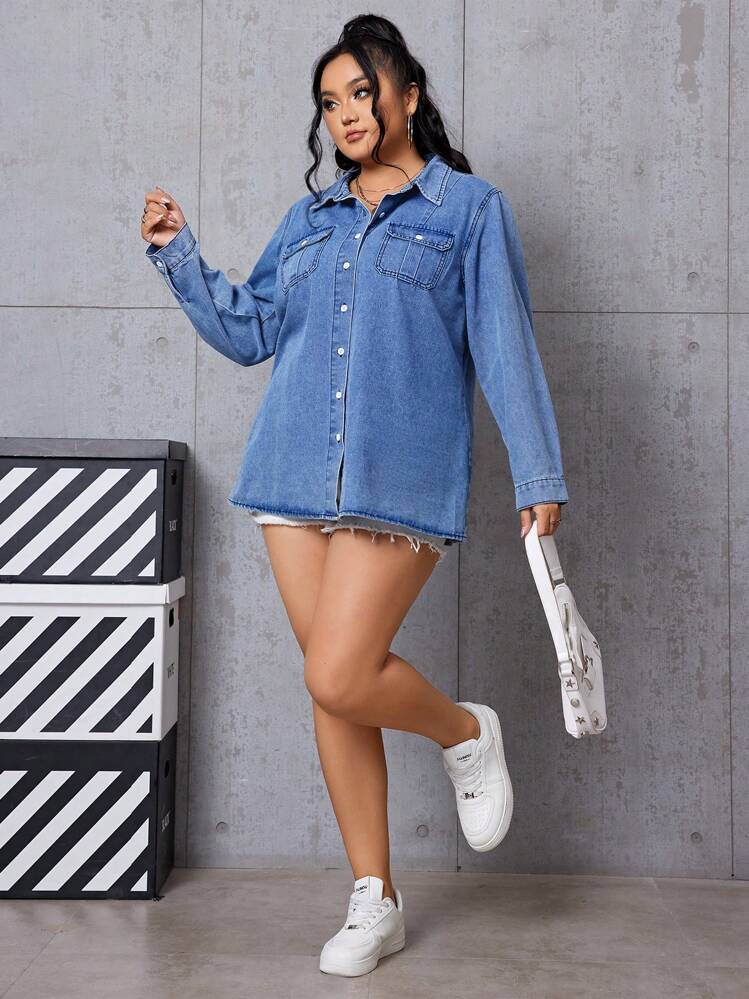 SHEIN EZwear Plus Size Drop Shoulder Denim Top - Light Wash - View 6