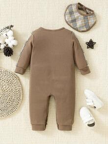 Enterizo De Cuello Redondo Con Babero Para Bebé Niño Con Diseño Patchwork De Cuadros - Café integral - Ver 2