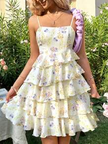 Soleia Women's Floral Printed Tiered Cami Dress For Vacation Tea Party Attire - Multicolor - View 4