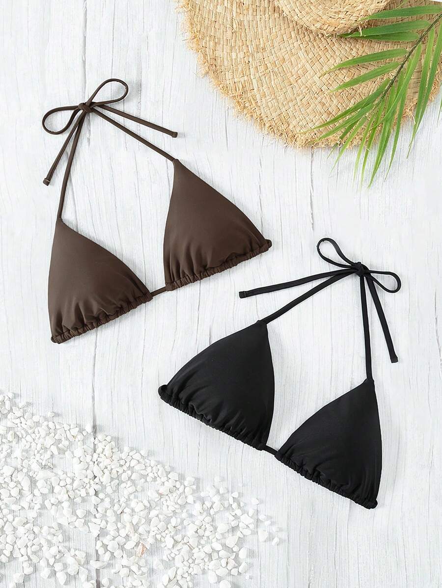 SHEIN Swim 女款純色三角杯頸掛式比基尼上衣 - 彩色 - 查看 1