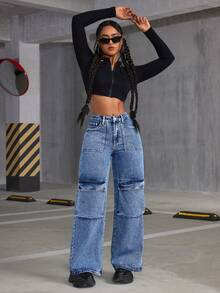 SHEIN ICON 女士皮工口袋牛仔闊腿褲 - 中等水洗藍 - 查看 5