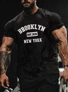 Manfinity Sport PWRUP 男友风格男士字母印花运动风格短袖 T 恤健身上衣基本款 T 恤，健身房，图案，运动服，纯色