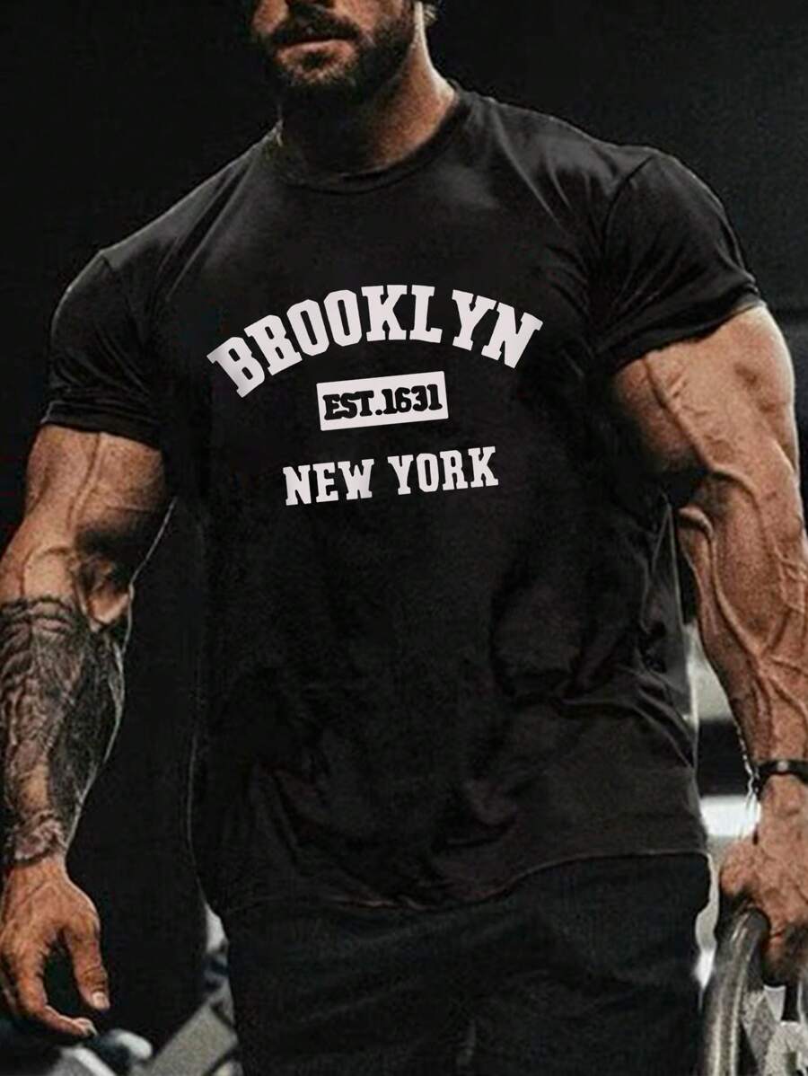 Manfinity Sport PWRUP 男友风格男士字母印花运动风格短袖 T 恤健身上衣基本款 T 恤，健身房，图案，运动服，纯色