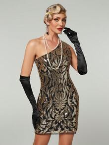 復古不對稱領口亮片雞尾酒裙 - 金色 - 查看 4