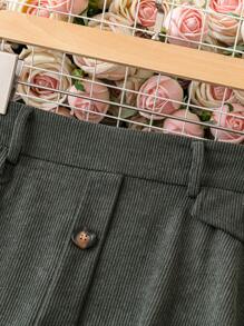 SHEIN LUNE 大尺碼女式彈性腰鈕扣細節裙 - 軍綠色 - 查看 3