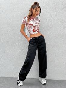 SHEIN EZwear Newspaper Print Lettuce Edge Cropped Top - Red - View 5