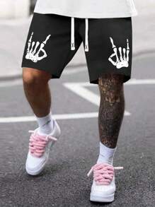 Manfinity ZONE917 宽松版型男士骷髅手印短裤，腰部抽绳宽松图案哥特风，街头潮流男士短裤，黑色图案短裤，男士图案短裤 - 黑色 - 查看 5